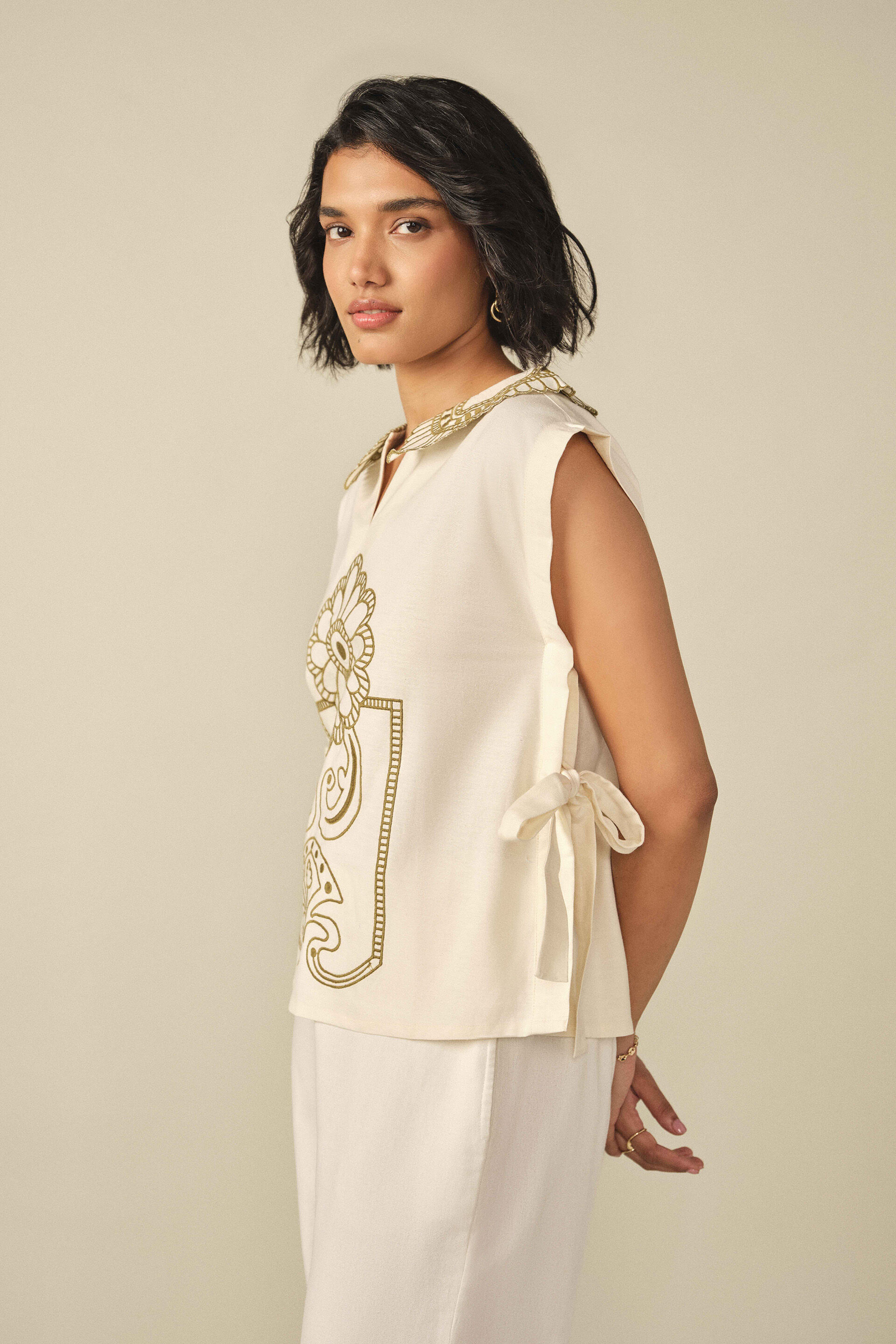 Embroidered Side Tie-up Top in Off White, Off White, image 4